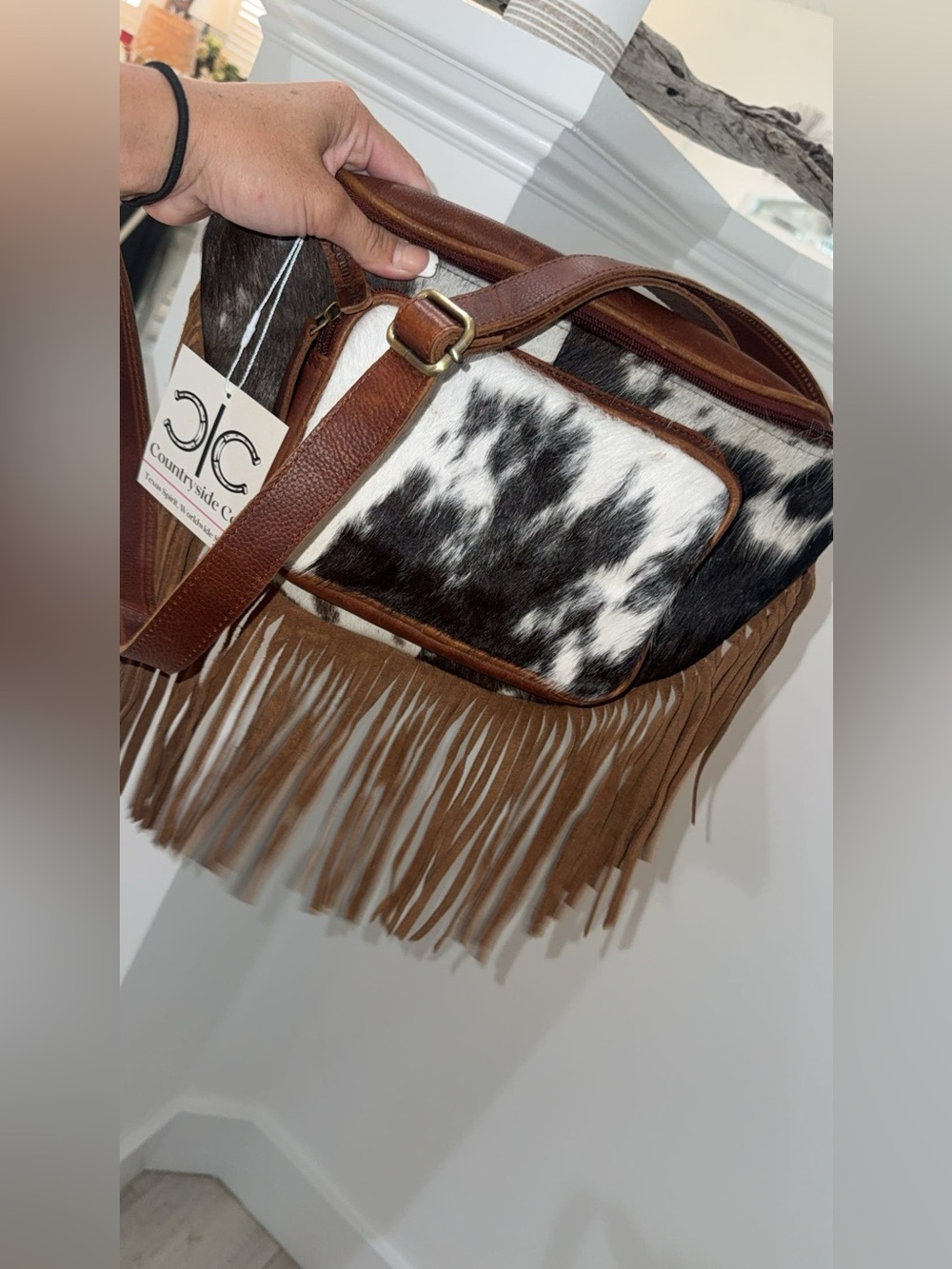 Countryside Co Cowhide Crossbody Black White Fringe Brown Leather Tassel✨